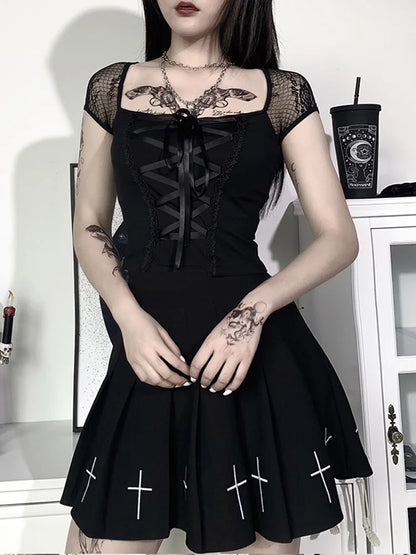 Gothic Mesh Lace Bandage Bodycon Top | Wovetsa