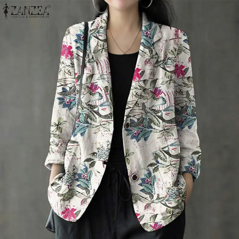 Floral Print Cotton Lapel Blazer Loose Fit | Wovetsa
