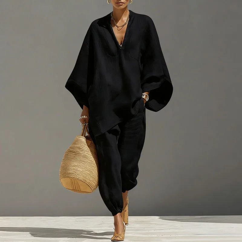 V-Neck Batwing Sleeve Top & Ankle Pants Set | Wovetsa