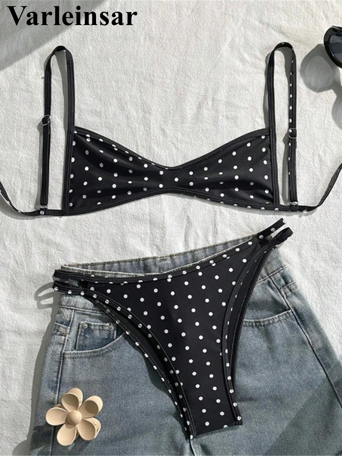 Polka Dot V-Neck High-Leg Bikini Set | Wovetsa