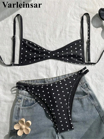 Polka Dot V-Neck High-Leg Bikini Set | Wovetsa