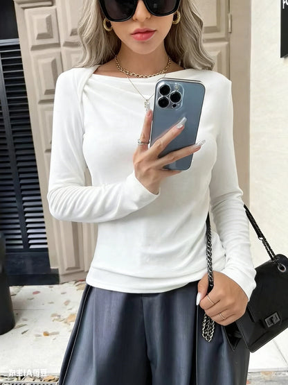 Slash Neck Ruffle Long Sleeve Crop Top | Wovetsa