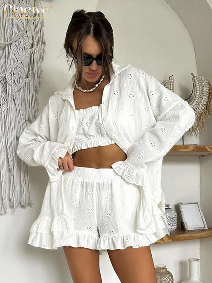 Cotton Long Sleeve Shirt & High-Waist Shorts 3-Piece Set | Wovetsa