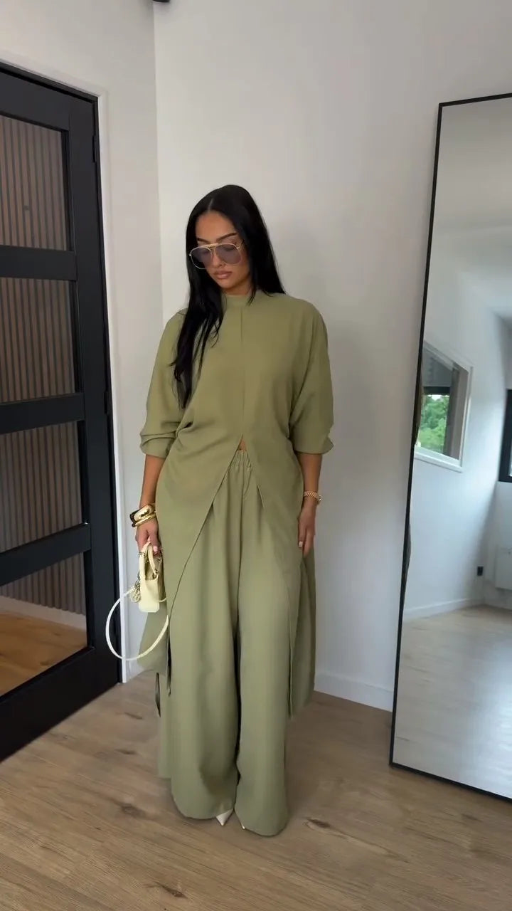 Lapel Shirt & Wide-Leg Pant Set | Wovetsa