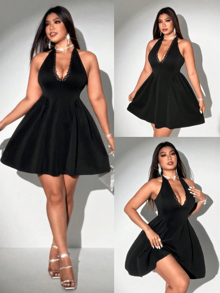 Plus Size V-Neck Lace Puff Skirt Dress | Wovetsa