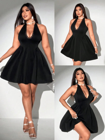 Plus Size V-Neck Lace Puff Skirt Dress | Wovetsa