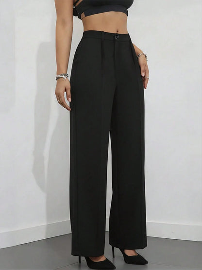Women's High Waisted Wide Leg Dress Pants Front Seam Detail Straight Leg Office Formal Workwear Black Suit Trousers