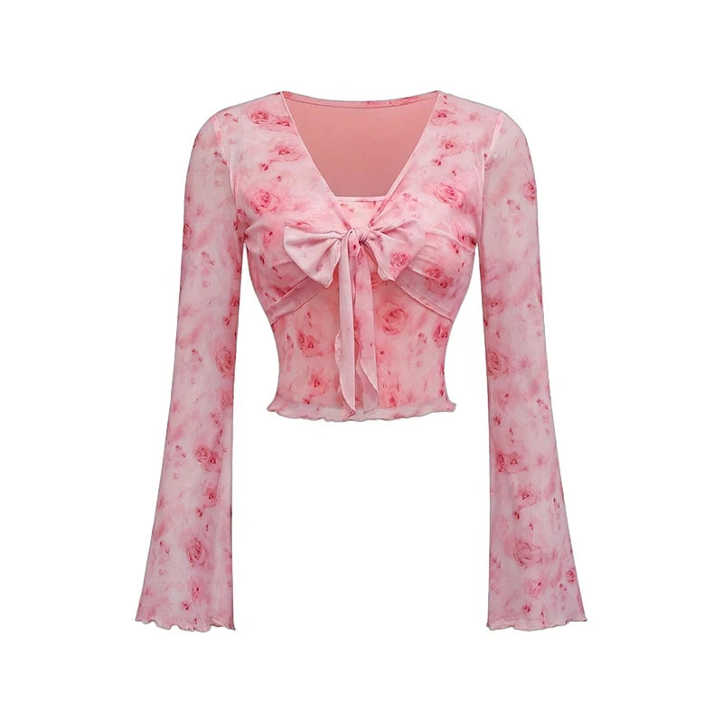 Y2K Floral Mesh Flare Sleeve Top | Wovetsa
