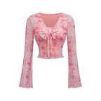 Y2K Floral Mesh Flare Sleeve Top | Wovetsa