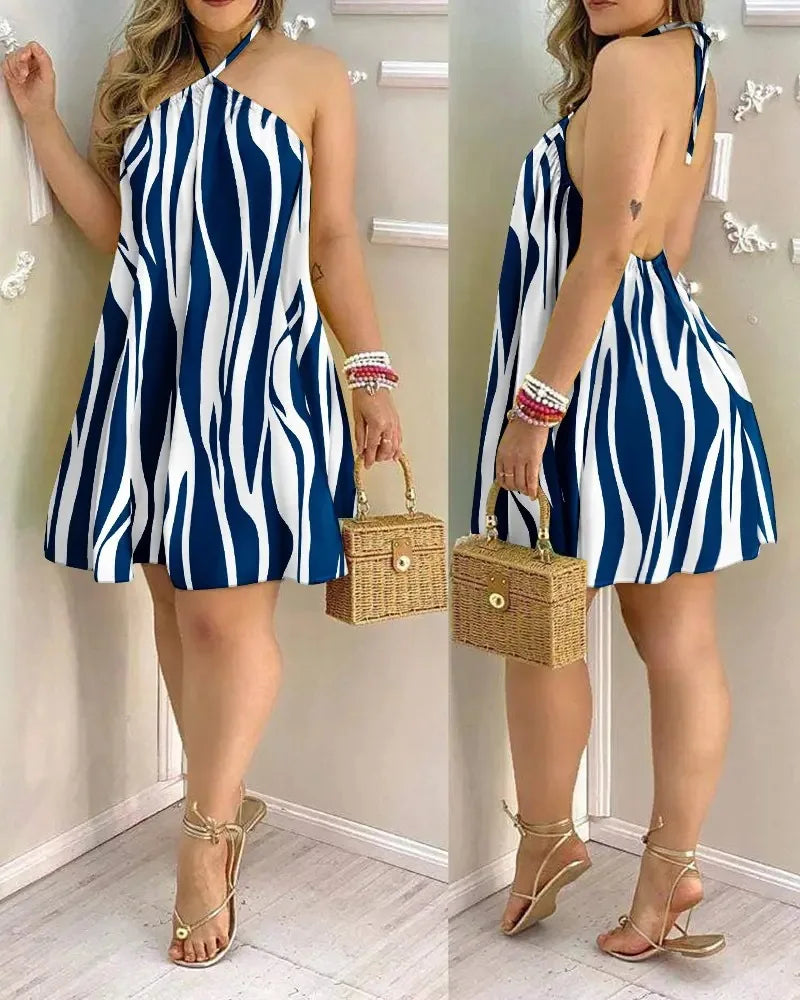 Women's Tropical Leaf Print Halter Neck Mini Dress | Wovetsa