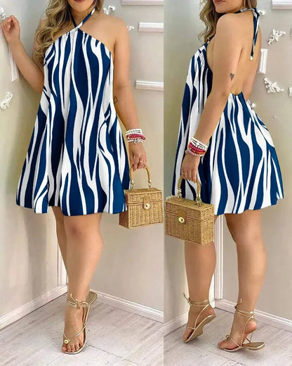 Women's Tropical Leaf Print Halter Neck Mini Dress | Wovetsa