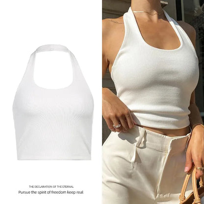 Ribbed Halter Neck Backless Crop Tank | Wovetsa