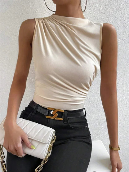 Mock Neck Ruched Sleeveless Tank Top | Wovetsa
