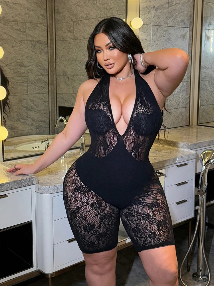 Lace Halter Hollow-Out Mesh Romper | Wovetsa