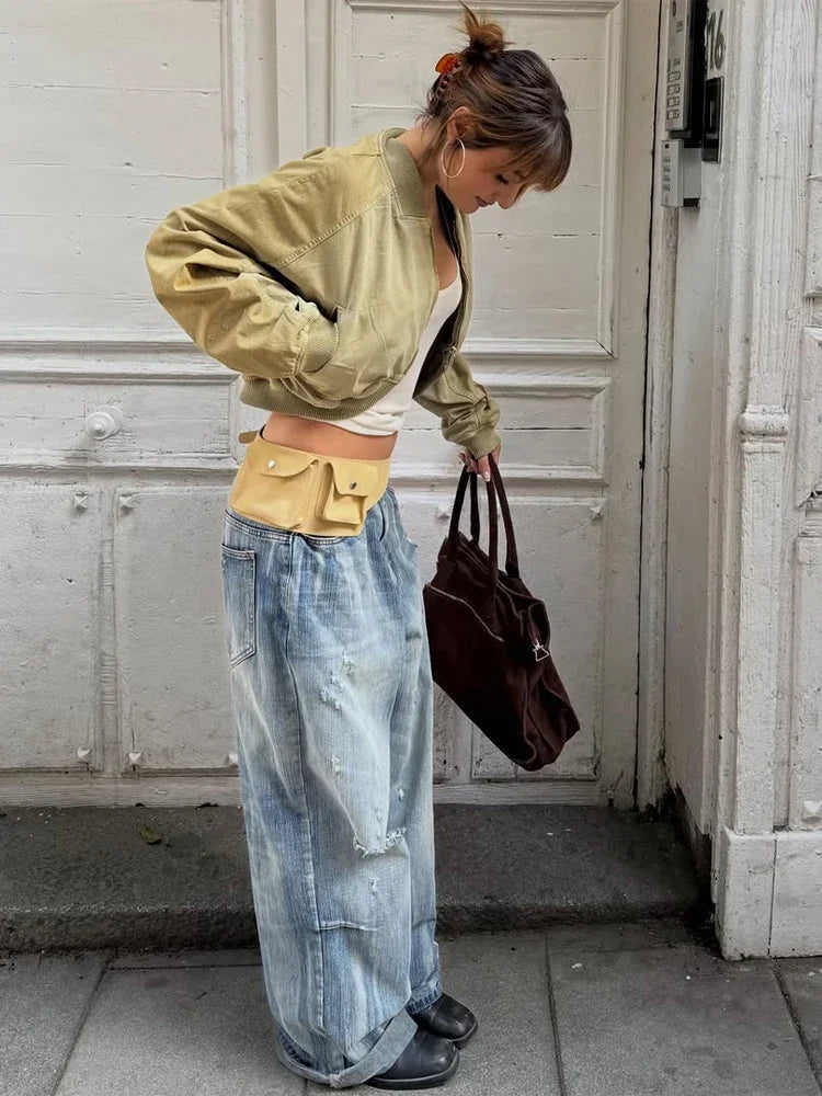 Khaki Lapel Zip Cropped Bomber Jacket | Wovetsa