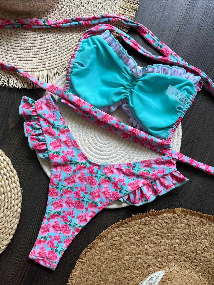 Ruffle Flower Print Bikini Set | Wovetsa