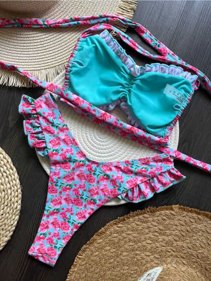 Ruffle Flower Print Bikini Set | Wovetsa