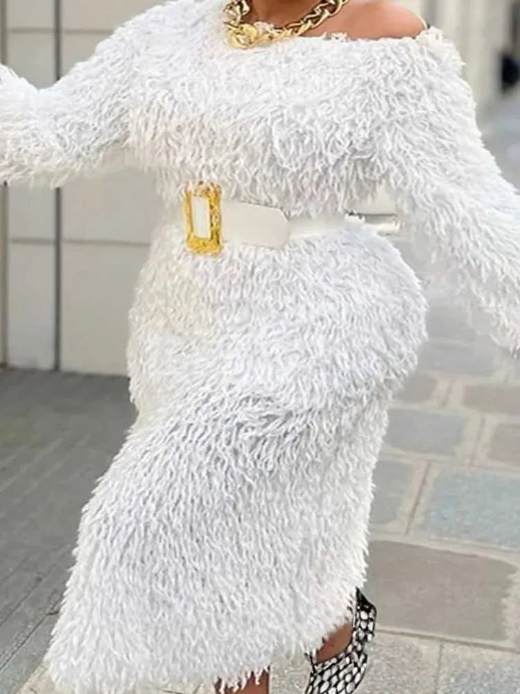 Winter Evening Dress Woman Long Sleeve Off Shoulder White Elegant Dresses with Belt Chic Faux Fur Dress Wholesale Dropshipping