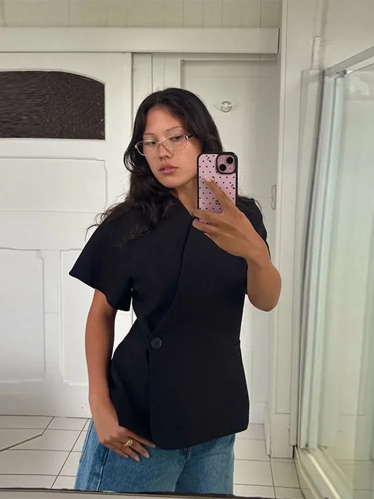 V-Neck Short Sleeve Slim Blazer Top | Wovetsa
