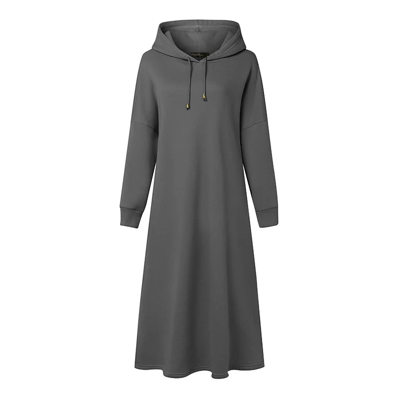 Plus Size 5XL ZANZEA Women Fashion Sweatshirt Dresses Autumn Long Sleeve Hooded Robe Solid Casual Loose Pockets Long Vestidos