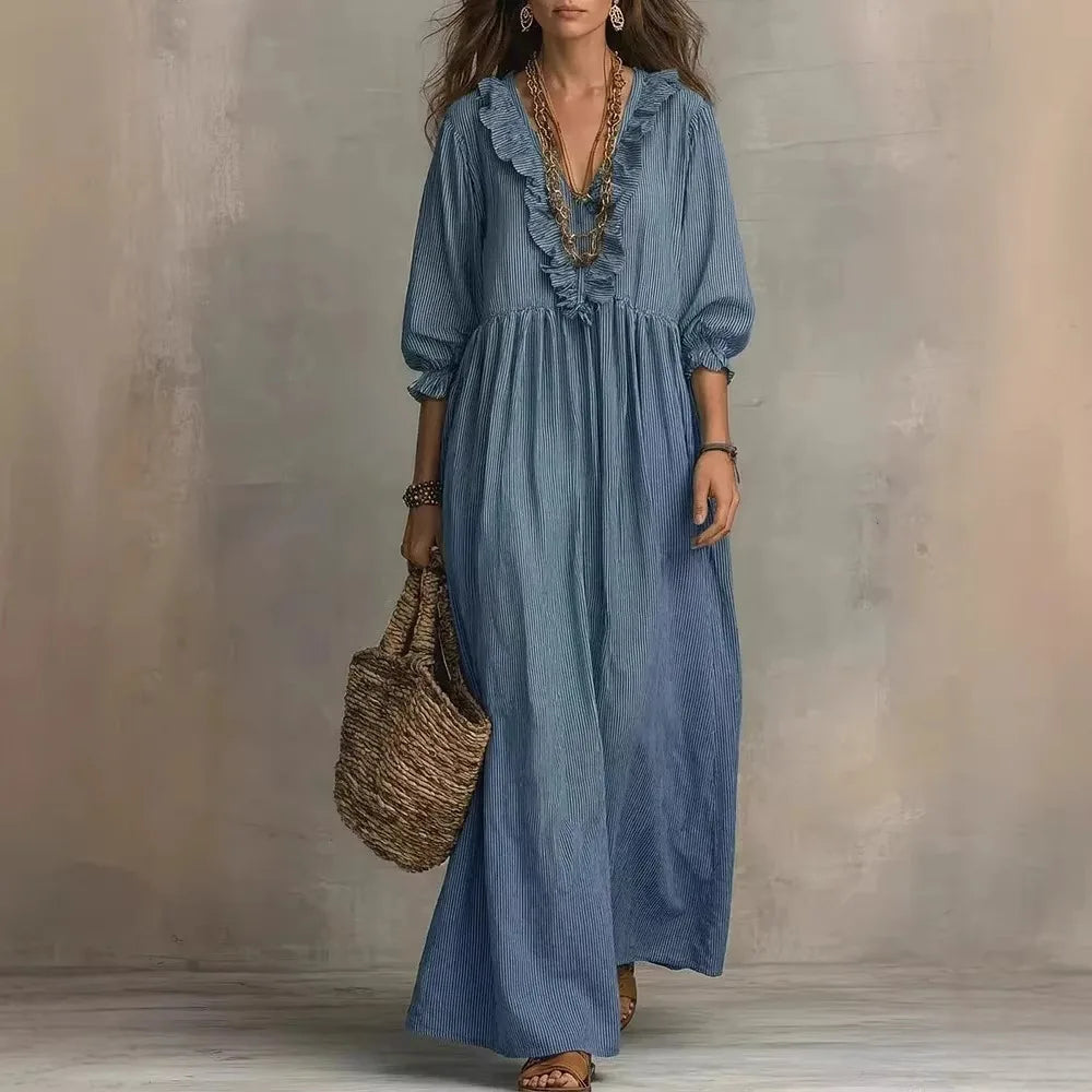 Striped Ruffle Lantern Sleeve Maxi Dress | Wovetsa
