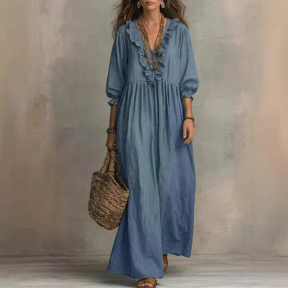 Striped Ruffle Lantern Sleeve Maxi Dress | Wovetsa