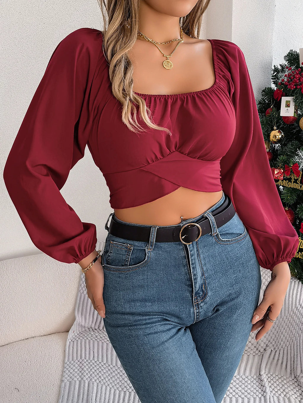 Women's Square Neck Crop Shirt with Bow Tie Back | Wovetsa