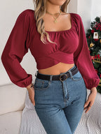 Women's Square Neck Crop Shirt with Bow Tie Back | Wovetsa