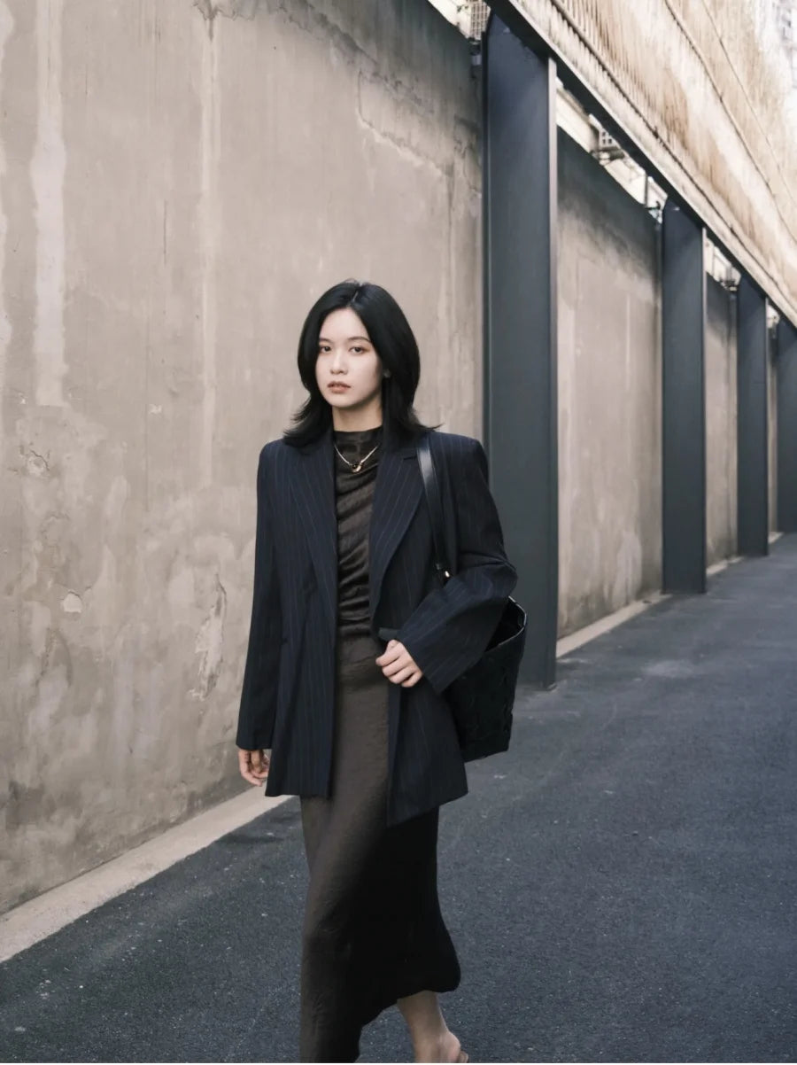 Pinstripe Shoulder-Padded Oversized Blazer | Wovetsa