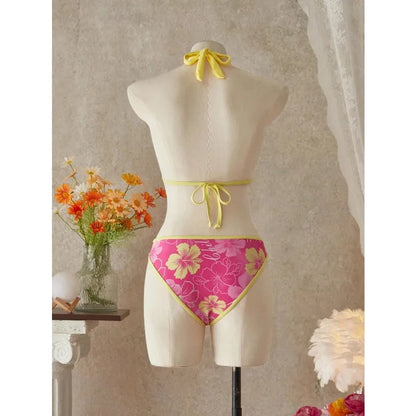 Floral Color Block Triangle Halter 3-Piece Bikini Set | Wovetsa