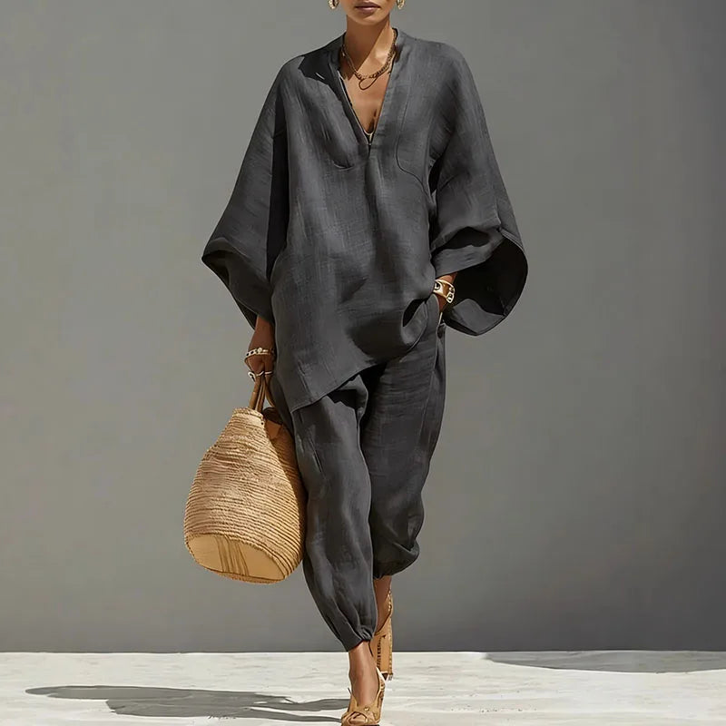 V-Neck Batwing Sleeve Top & Ankle Pants Set | Wovetsa