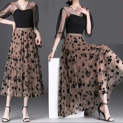 Floral Mesh High Waist A-Line Midi Dress | Wovetsa
