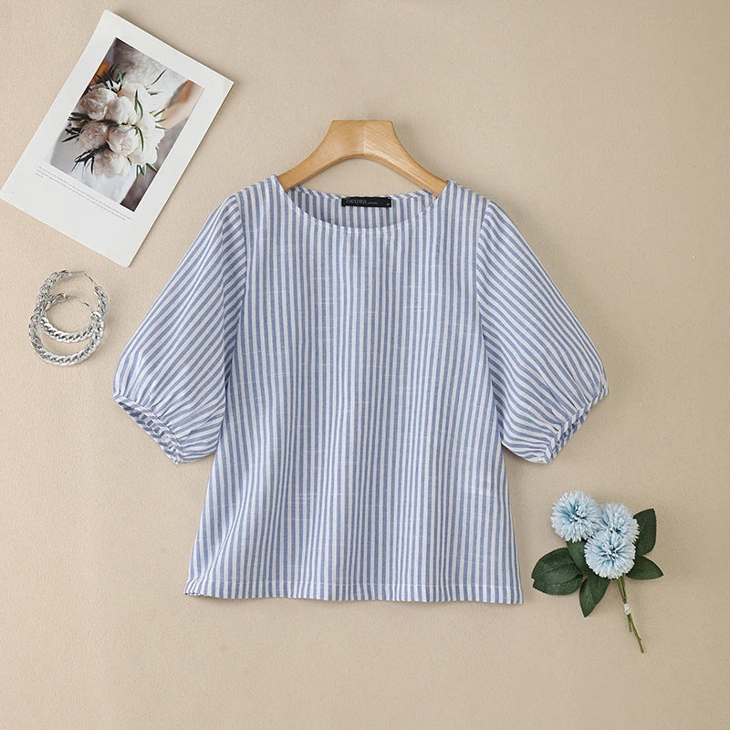 Striped Lantern Sleeve Blouse | Wovetsa