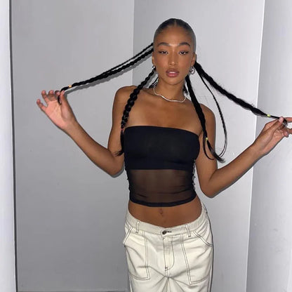 Y2K Mesh Strapless Off-Shoulder Crop Top | Wovetsa