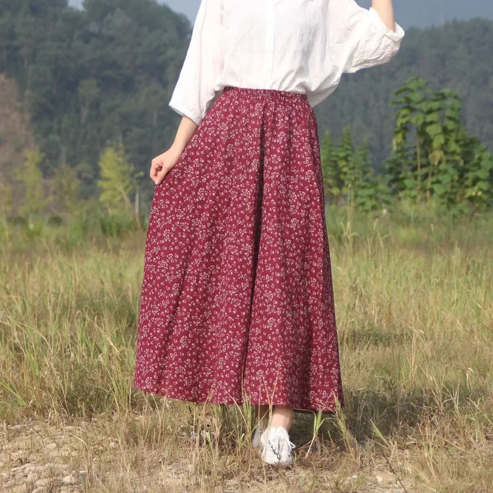 Bohemian Floral Print Cotton Linen Maxi Skirt | Wovetsa