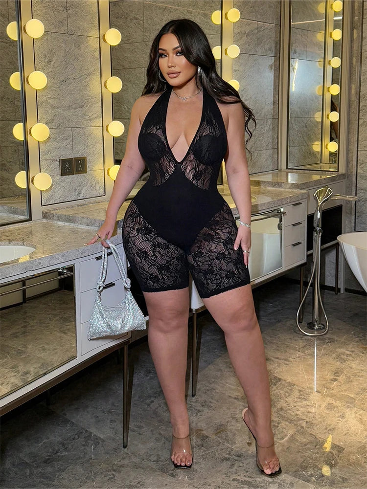 Lace Halter Hollow-Out Mesh Romper | Wovetsa