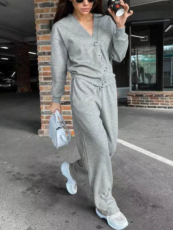 V-Neck Single-Breasted Cardigan & Pants Set | Wovetsa