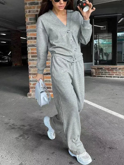 V-Neck Single-Breasted Cardigan & Pants Set | Wovetsa