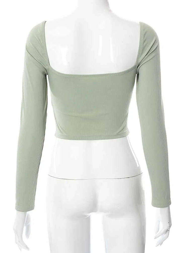 Hollow-Out V-Neck Long Sleeve Crop Top | Wovetsa