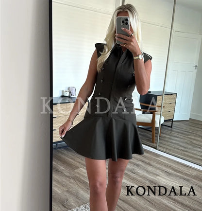 KONDALA Double-Breasted Slim Short Dress Women's Casual Lapel Sleeveless Dress 2026 Spring Summer Trendy Elegant Lady Mini Dress