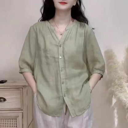 Loose V-Neck Three-Quarter Sleeve Blouse | Wovetsa