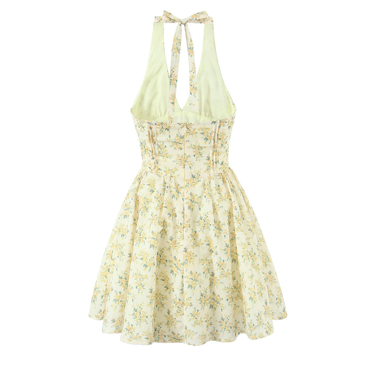 Women's Yellow Floral Halter Mini Dress – Elegant Summer Fit & Flare Style