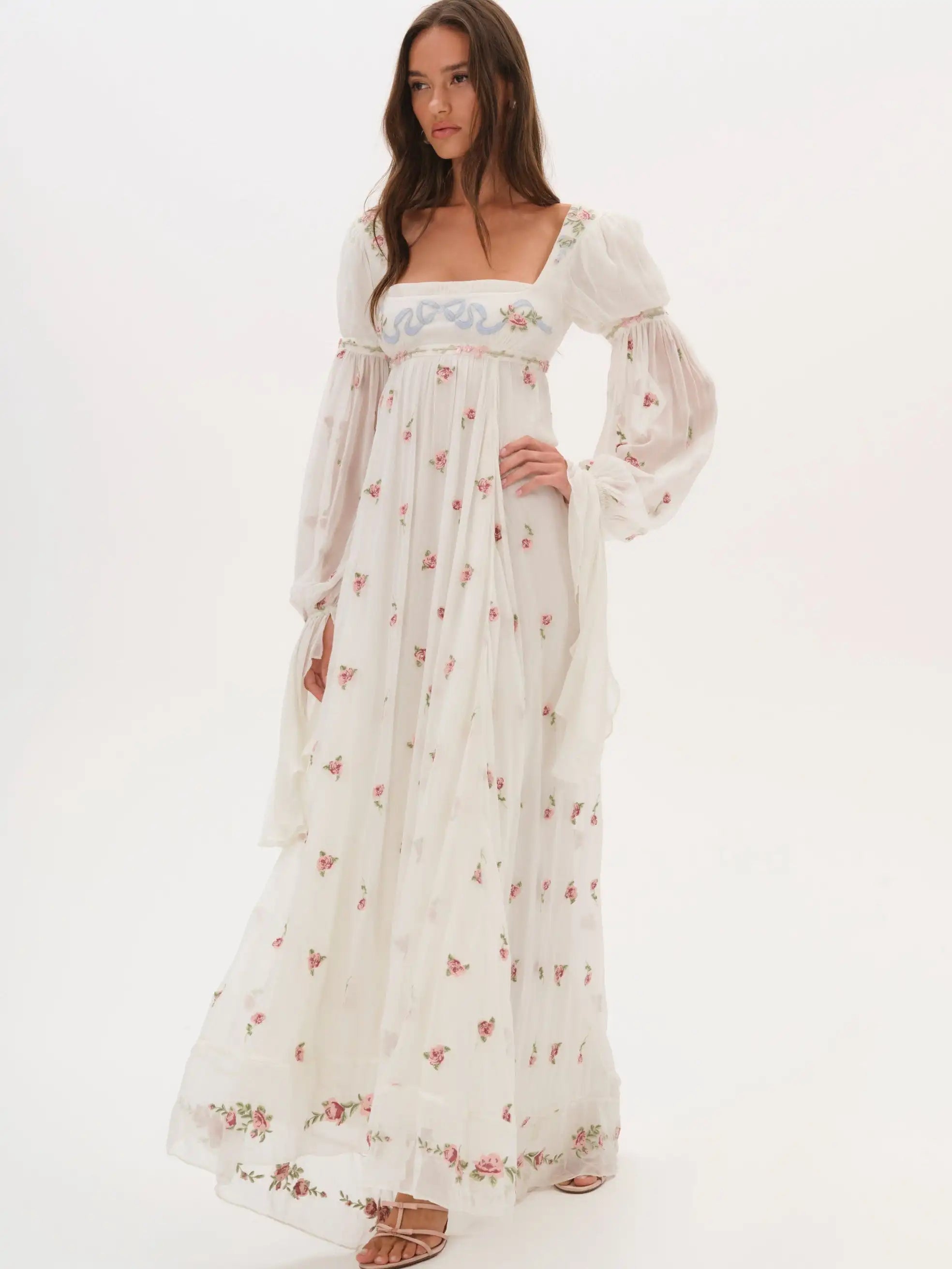 Square Neck Puff Sleeve Empire Waist Boho Maxi Dress | Wovetsa