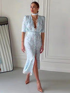Elegant Lace Trimmed Printed Dress Women Chic Deep V-neck Waist Cinching Split Short Sleeve Maxi Dress Lady Party Vestidos 2026