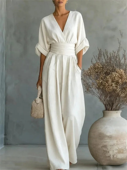 Ruched V-Neck Wide-Leg Jumpsuit | Wovetsa