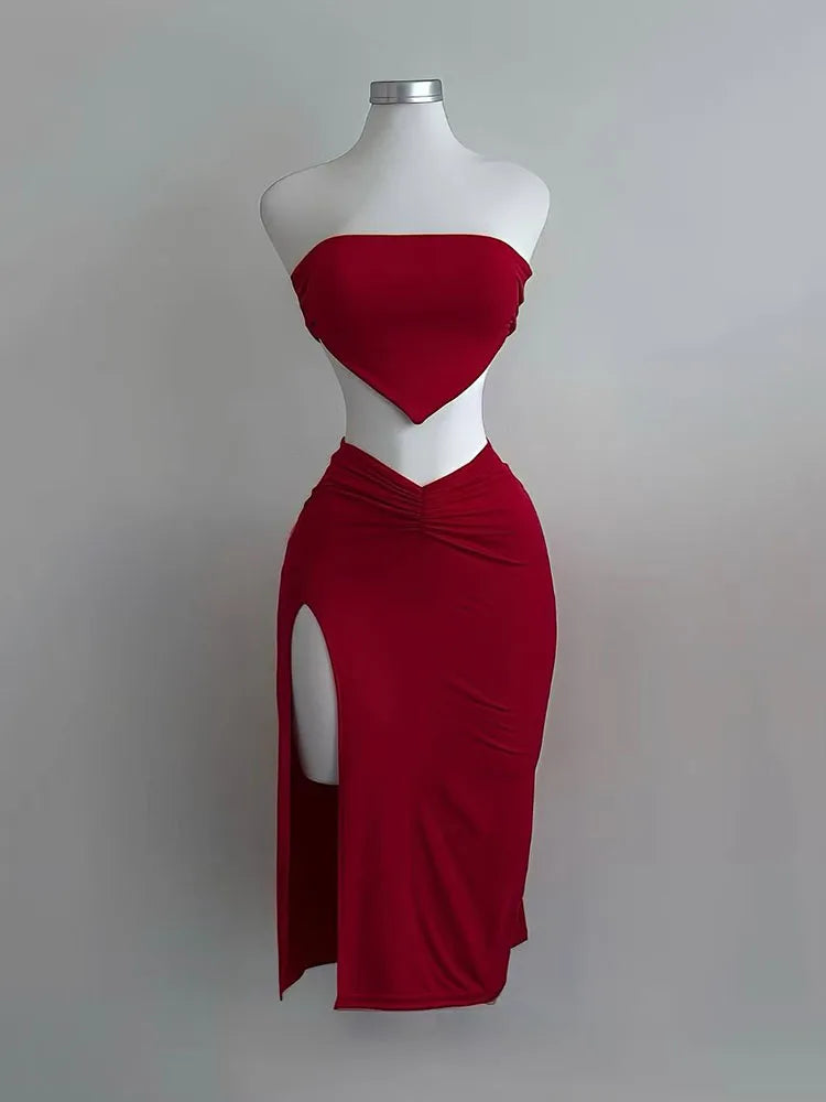 Strapless Crop Top & Split Midi Skirt Set | Wovetsa