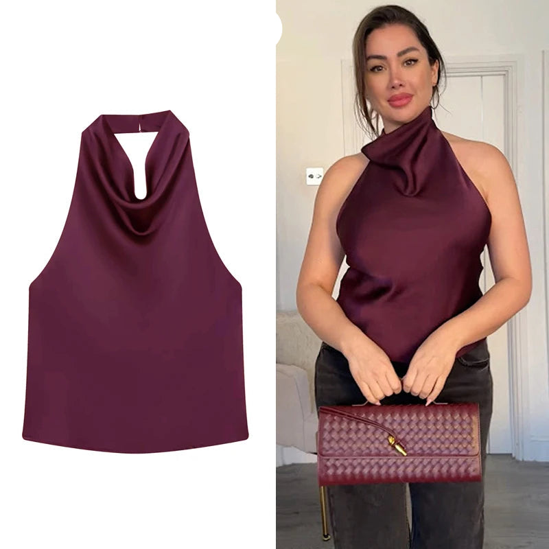 Satin Halter Backless Camisole Top | Wovetsa