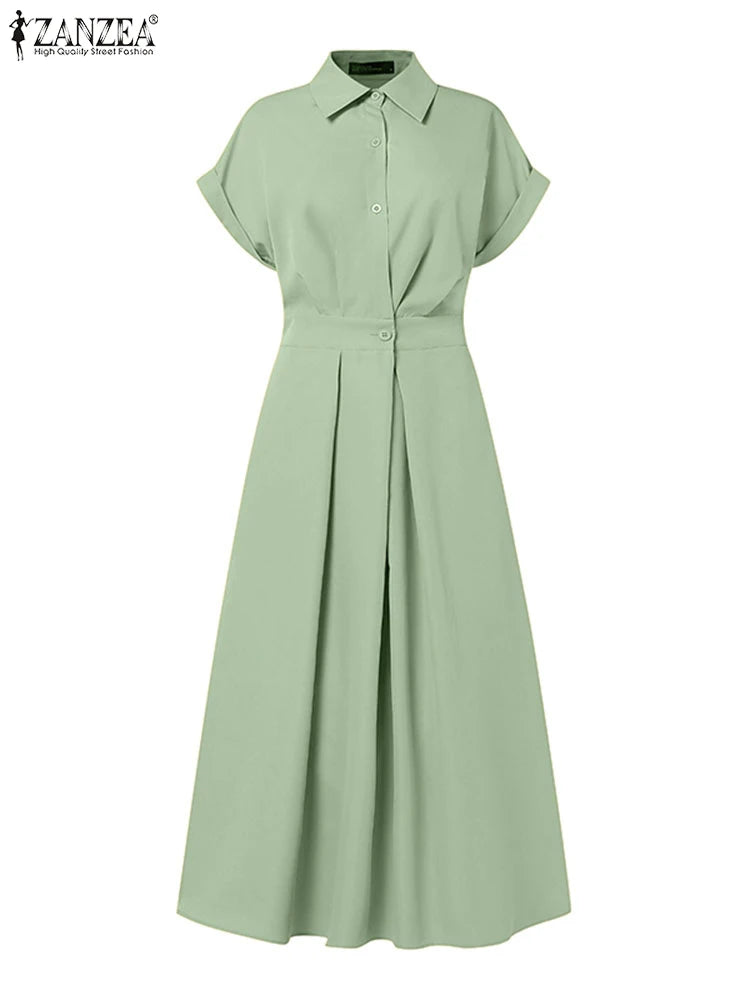 Short Sleeve Button-Down A-Line Midi Dress | Wovetsa