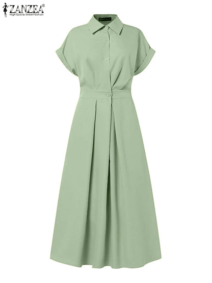 Short Sleeve Button-Down A-Line Midi Dress | Wovetsa