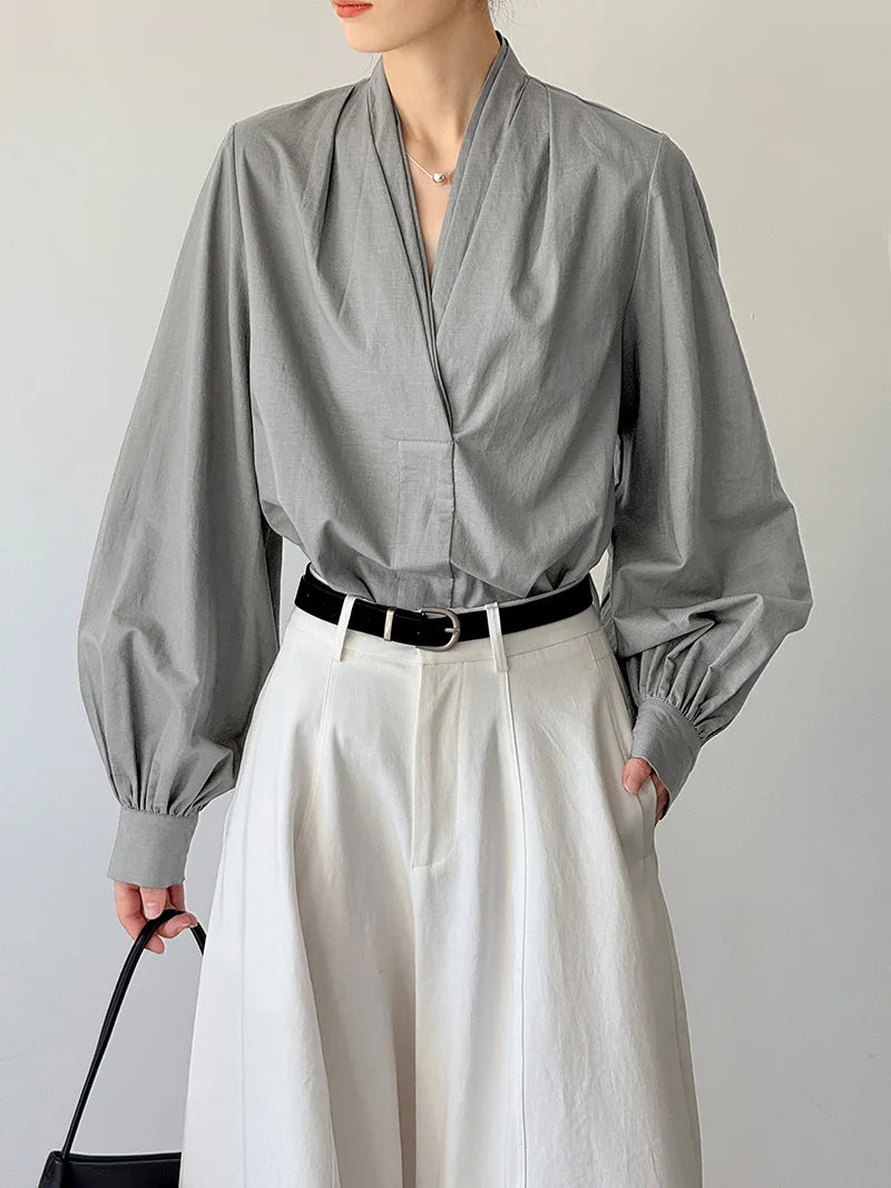 V-Neck Puff Sleeve Cotton Linen Blouse | Wovetsa